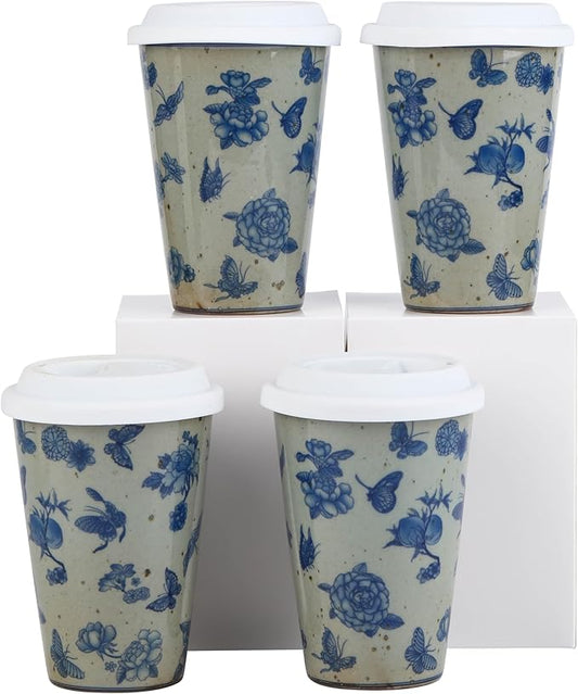 14 oz ceramics Handmade blue and white Retro Coke cups coffee tea set of 4 china Coffee Mugs for Tea, Milk,Dishwasher and Microwave Safe，Free gift soft silicone cover and gift box