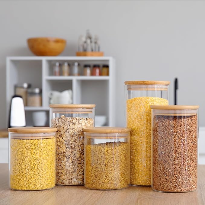 12 Pcs Glass Storage Jars with Wooden Lids, 4 Sizes Food Storage Containers Clear Stackable Canisters Airtight Glass Jars for Candy Cookie, 3.4''x4'', 6'', 7.9'', 9.8''