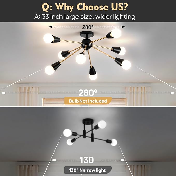 Modern Sputnik Chandelier - 8-Lights Farmhouse Ceiling Lights Fixture Black and Gold Semi Flush Mount Ceiling Light for Living Room Bedroom Hallway Entryway
