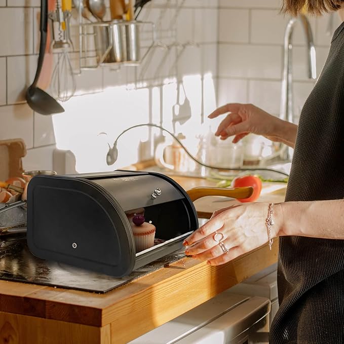 SOTECH Bread Box Vintage for Kitchen Food Grade Light-weight Metal Style Container for Storage Bin Countertop Keeper with Roll Top Farmhouse Rustic Holder Counter Black