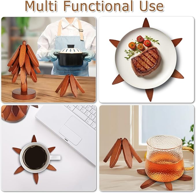 Wooden Trivets for Hot Dishes, Tree Shape Trivet Set, Foldable Kitchen Wooden Trivets, Tree Coaster for Hot Dishes、Pot、Bowl、teapot、hot Pot Holders (3 Piece-Walnut)