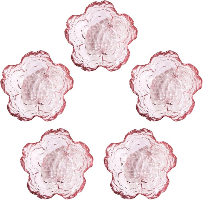 WHJY 5 pack Cute Sauce Dishes Glass Dish Set for Soy Sauce Snacks Tea Bag Mini Glass Bowls Clear Pink Cherry Blossom Soy Sauce Dishes