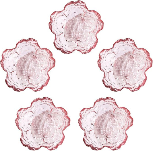 WHJY 5 pack Cute Sauce Dishes Glass Dish Set for Soy Sauce Snacks Tea Bag Mini Glass Bowls Clear Pink Cherry Blossom Soy Sauce Dishes