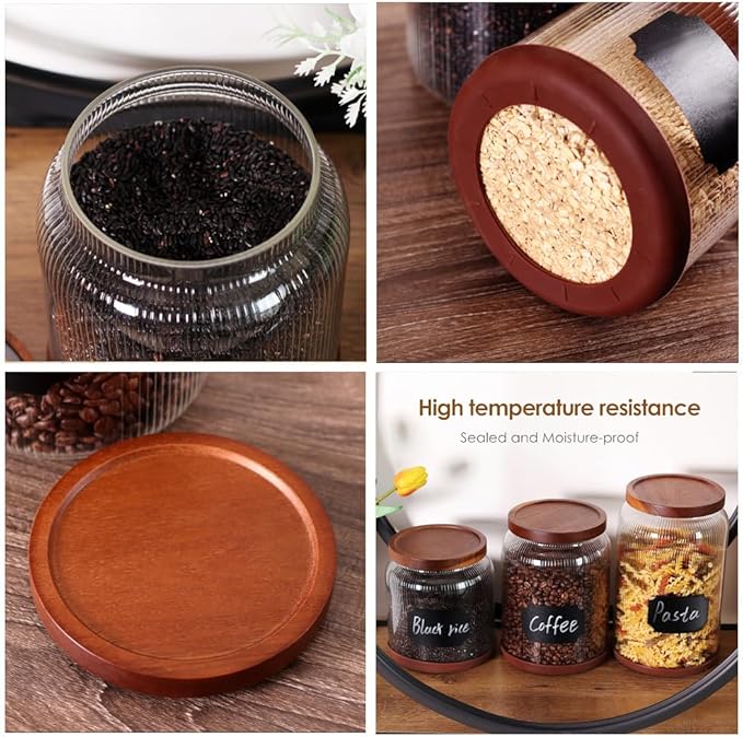 SAIOOL 2-Pack Striped Borosilicate Glass Airtight Canisters - Big mouth Large Capacity, Acacia Wood Lid, Food Storage Jars for Flour, Pasta, Pantry Organization (1 Gallon （2 Striped pack）)