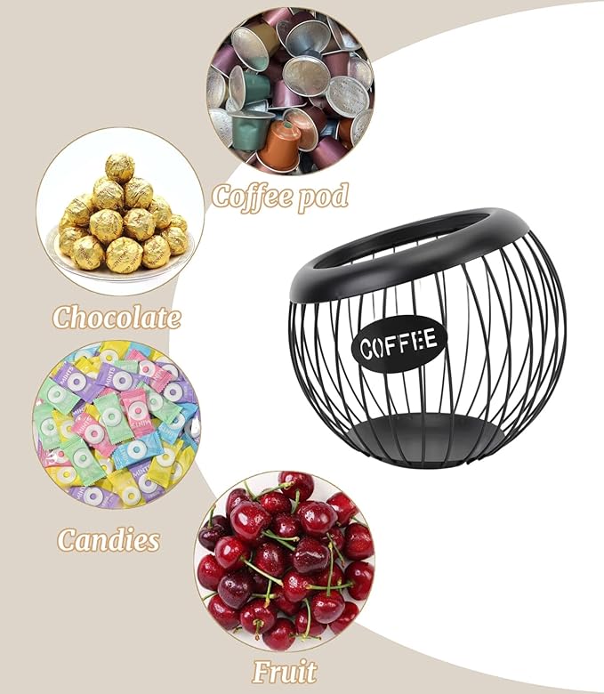 Metal Coffee Pod Holder Wire Coffee Pods Storage Basket Espresso Capsule Storage for Home Kitchen Cafe Hotel (Black spherical)