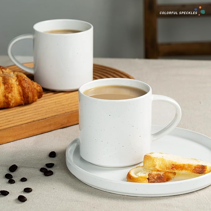 famiware Nebula 4 Pieces Coffee Mug, 14 oz Catering Mugs with Handle for Coffee, Tea, Cocoa, Milk, White with Colorful Speckles