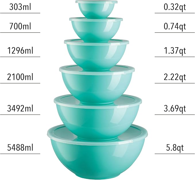 Mixing Bowls with Lids Set, Plastic Mixing Bowls with Airtight Lids, Nesting Mixing Bowl Set for Space Saving Storage, Ideal for Cooking, Baking, Food Prep & Food Storage, 12 Piece Set