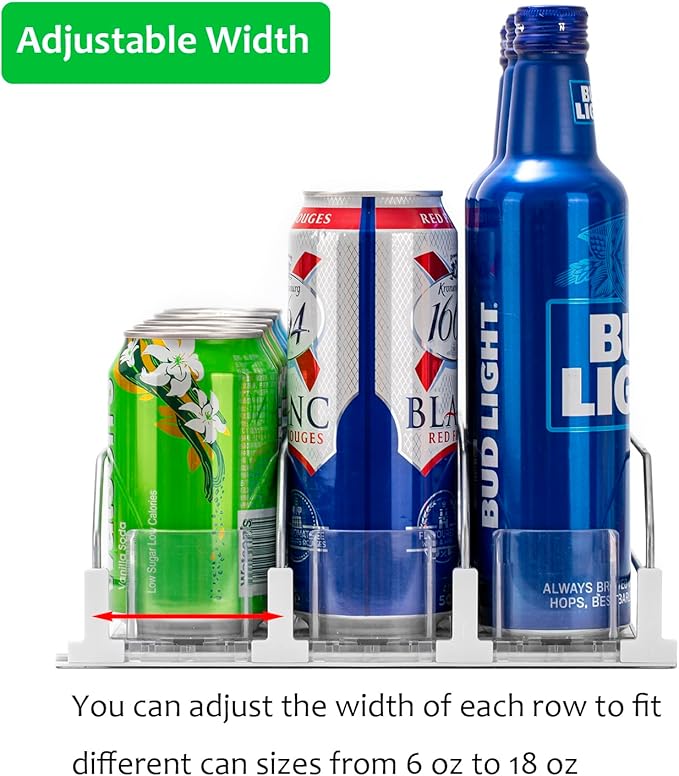 Rula Drink Organizer for Fridge, Width Adjustable Water Bottle Pusher Glide, Self-Pushing Soda Can Dispenser for Refrigerator - Holds up to 15 Cans (15"D, 3 Rows)