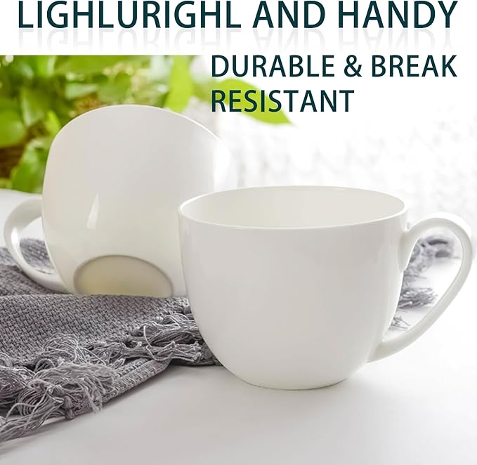 22 OZ Lightweight Bone China Soup Mugs with Handles White Large Ceramic Coffee Mugs Set of 4 for Hot Chocolate Cocoa Cereal Salads Yogurt Milk Latte Cappuccino, Dishwasher Microware Safe