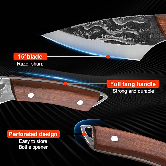 Hand-Forged Kitchen Knife, 5-Piece Professional Chef Knife Set, Outdoor, BBQ Meat Cleaver Cooking, Forged Kitchen Knives with High-Carbon Stainless Steel Cutlery and Leather Sheath.