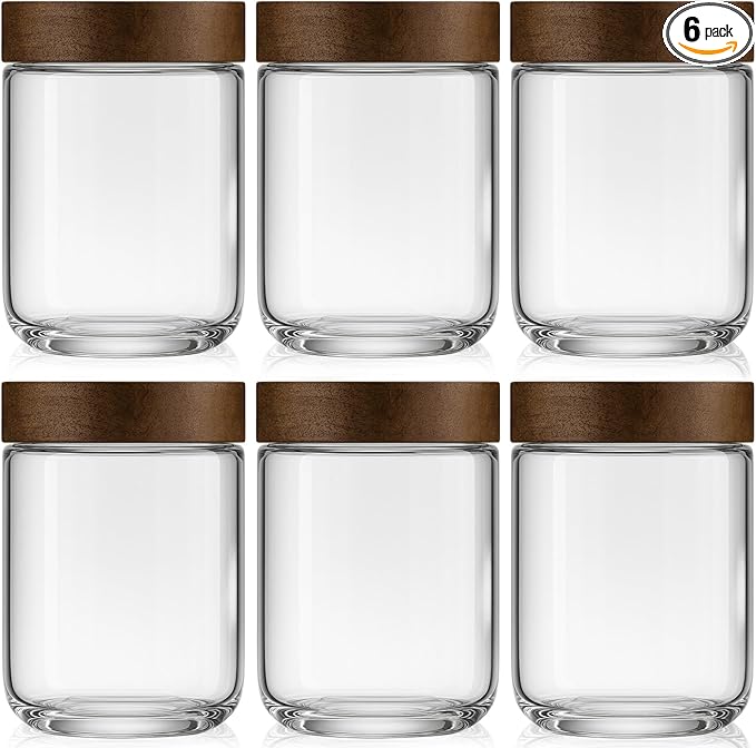 16oz 6 Pack Overnight Oats Containers with Lids, Glass Mason Jars with Acacia Wood Airtight Lids, Wide Mouth Meal Prep Storage Jars for Yogurt, Chia Pudding, Salad, Parfait, Snacks, Spice