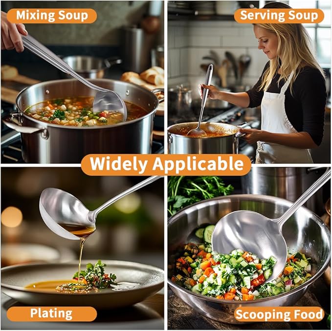 Deep Stainless Steel 13.7 Inches Newness Soup Ladle,[Rustproof, Heat Resistance, Integral Forming]Resilient 304 Stainless Steel Soup Spoon with Vacuum Ergonomic Round Handle, Cooking Spoon for Kitchen