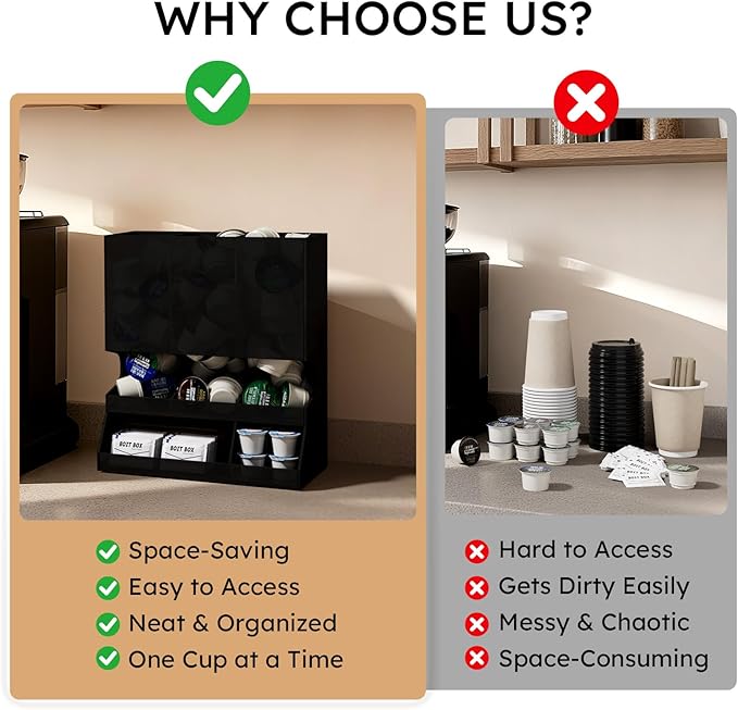 AITEE Modern Black Acrylic Coffee Pod Holder, 3-Compartment Dispenser Organizer for 30 K Cups, Sleek Smudge-Proof Design, Countertop Rack for Kitchen, Breakroom, Pantry, 8.9" L x 4.6" W x 10.2" H