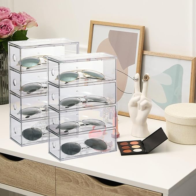 Rainmae 2 Pieces Acrylic Sunglass Organizer, Clear Eyeglasses Case with 4 Drawers for Women Stackable Eyewear Storage Display Case Clear Eyeglass Holder Multiple Pair for Glasses Jewelry Watch Storage