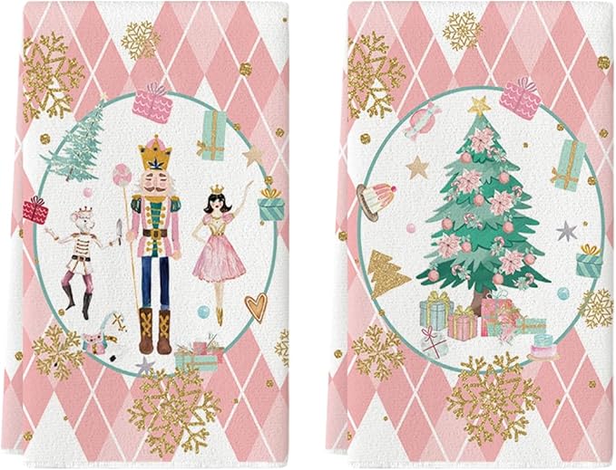 Pink Nutcrackers Tree Christmas Kitchen Towels Dish Towels 18x26 Inch Set of 2