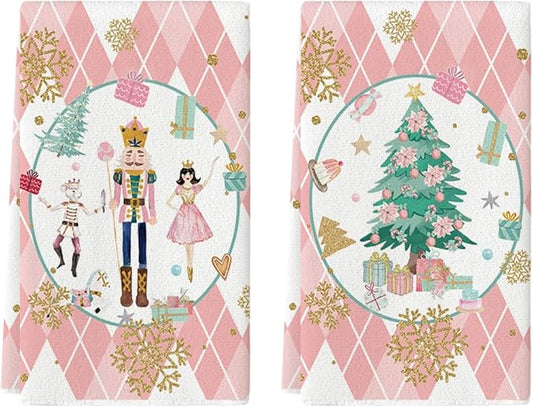 Pink Nutcrackers Tree Christmas Kitchen Towels Dish Towels 18x26 Inch Set of 2