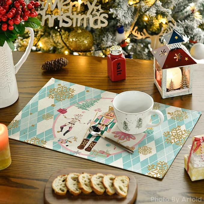 Blue Diamond Plaid Nutcracker Christmas Placemats Set of 4, 12x18 Inch