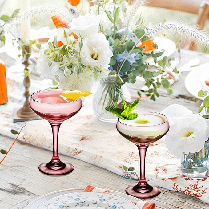 6 Pieces Crystal Martini Glasses Champagne Flute,Coupe Bowl Stemmed Cocktail Glasses,Set Of 6 Elegant Pink Goblets Colored Drinking Cups Champagne Wine Glasses for Parties Cocktail Margarita,Juice