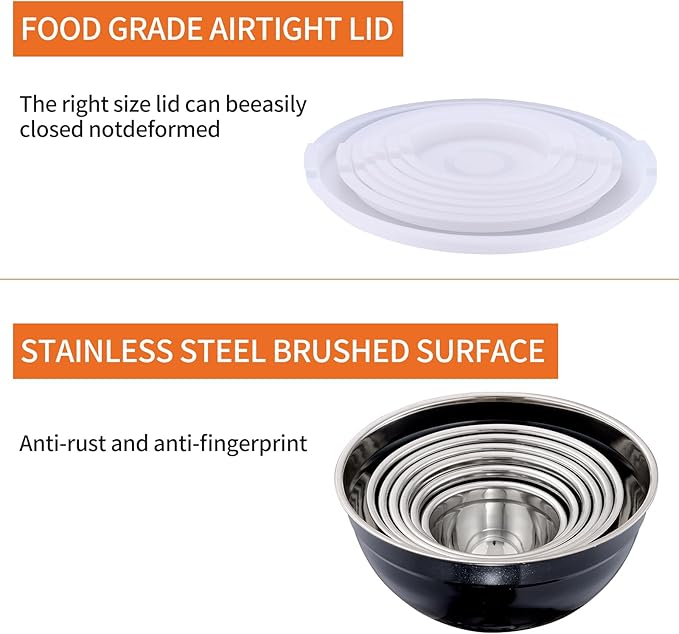 Black Mixing Bowls With Airtight Lids,Stainless Steel Bowl,Salad Bowls 7 Piece Colorful Nesting Bowl Black Kitchen Accessories,Size 7,3.6,2.7,2.1,1.5,1.1,0.8QT Stackable Design