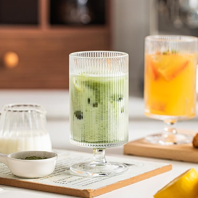 INSETLAN Set of 8 Ribbed Glass Goblets–4 Goblets Glassware 12oz, 4 Short Stem Wine Glasses 10oz, Vertical Stripe Stemmed Glassware, Ideal for Juice, Water, Iced Coffee, Whiskey, Mixed Drinkware