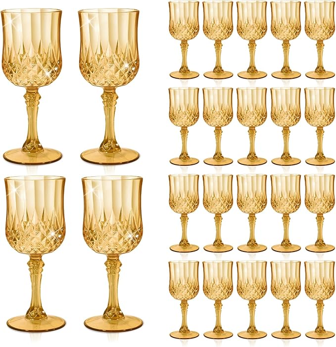 24 Pcs Plastic Amber Wine Drinking Glasses, Plastic Vintage Gold Champagne Vintage Wine Glasses, Unbreakable Goblets for Parties Wedding, Party, Red Wine Glass, Bars, Restaurants, 7Oz