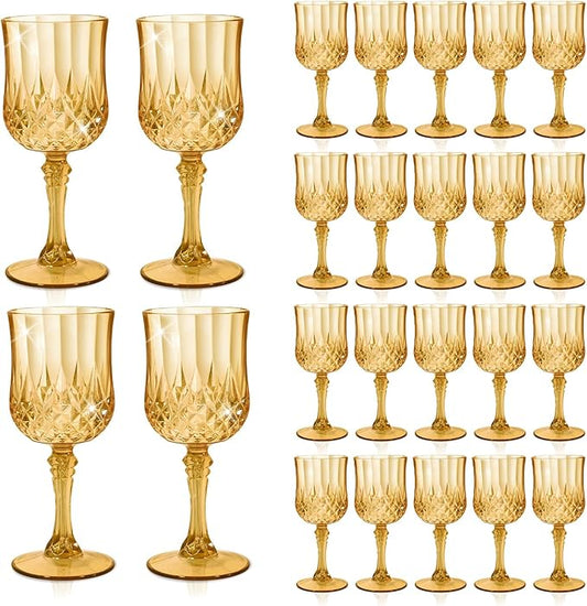 24 Pcs Plastic Amber Wine Drinking Glasses, Plastic Vintage Gold Champagne Vintage Wine Glasses, Unbreakable Goblets for Parties Wedding, Party, Red Wine Glass, Bars, Restaurants, 7Oz
