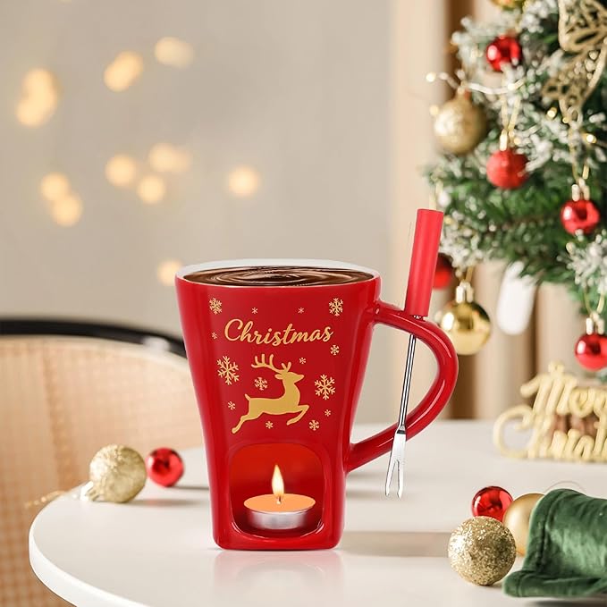 HANEVEAR Chocolate Fondue Mug, Mini Chocolate Melting Mug with 2 Forks and 2 Tealights, Ceramic Fondue Cup with Festive Holiday Pattern for Cheese, Butter - Birthday, Christmas, Wedding Gift (White)