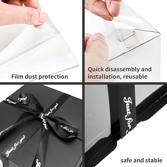 4 Pack Clear Cake Box Carrier 10" X 10" X 9" Cake Packaging Container with Ribbon Transparent Boxes with Lid Gift Package for Birthday Wedding Party, Black