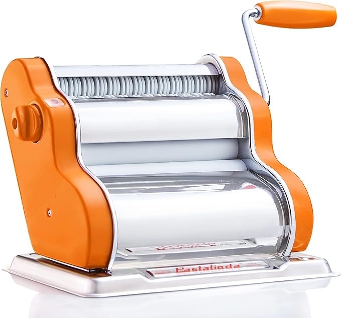 PASTALINDAClassic 200 Pasta Maker Machine, 20 cm Wide Rollers, 9 Thickness Positions, 2 Cutting Positions, Stainless Steel. Includes Reinforced Hand Crank And Two Clamps (Orange)