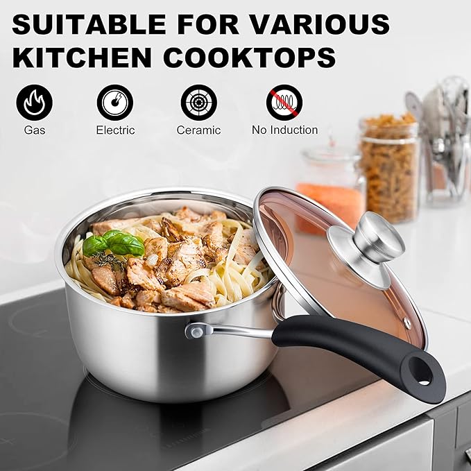 LIANYU Saucepan with Lid, 1 Quart and 2 Quart Stainless Steel Saucepan, Small Pot Milk Soup Pan for Home Kitchen Restaurant, Long Heatproof Handle, Dishwasher Safe