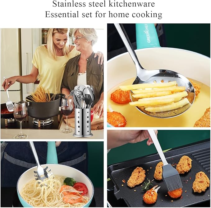 Stainless Steel Kitchen Utensils Set 40 Pieces, Cooking Utensil Set with Utensils Holder, Kitchen Gadgets Kitchen Essentials New Home, House, Appartment Must Have, Metal Spatula Set