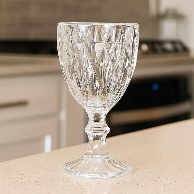 Beille Set of 10 Clear Carved Goblet Water Glasses Home Décor Entertaining Essentials Glassware, 10oz