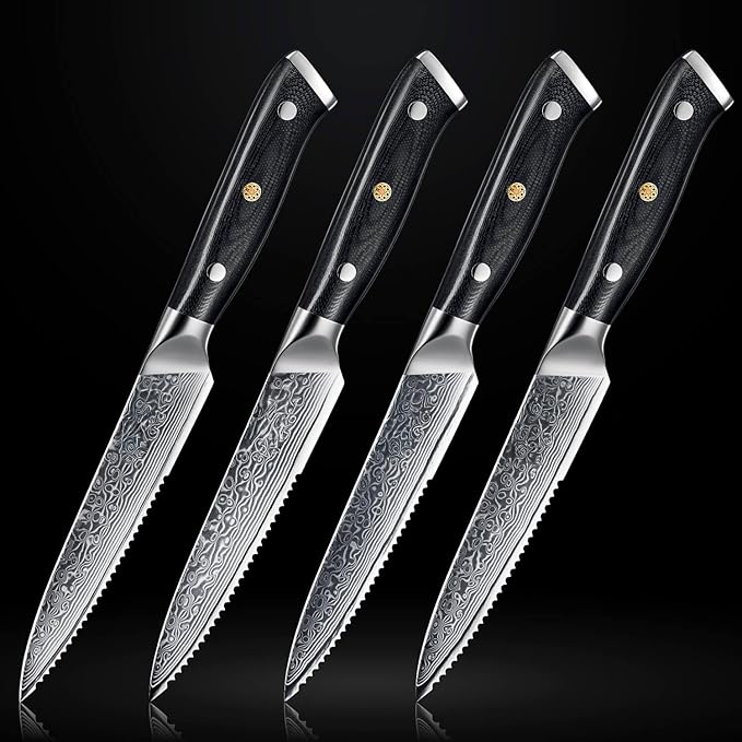 Senken 4-Piece Damascus Steak Knife Set with Full-Body G10 Handles - Shogun Collection - Full-Tang Serrated Steak Knives Forged from Japanese VG10 Steel
