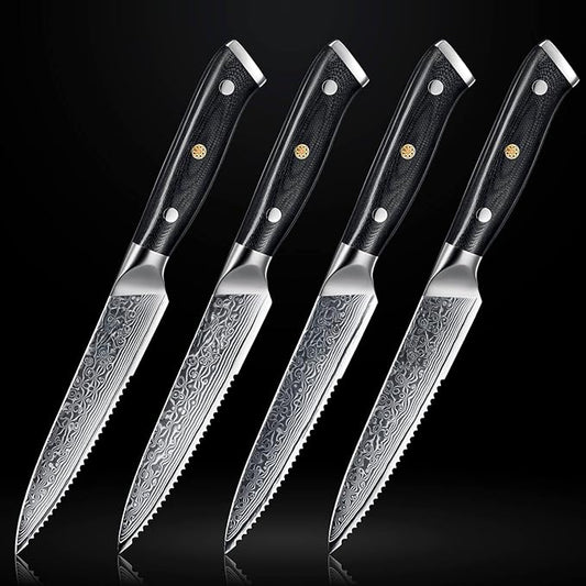 Senken 4-Piece Damascus Steak Knife Set with Full-Body G10 Handles - Shogun Collection - Full-Tang Serrated Steak Knives Forged from Japanese VG10 Steel