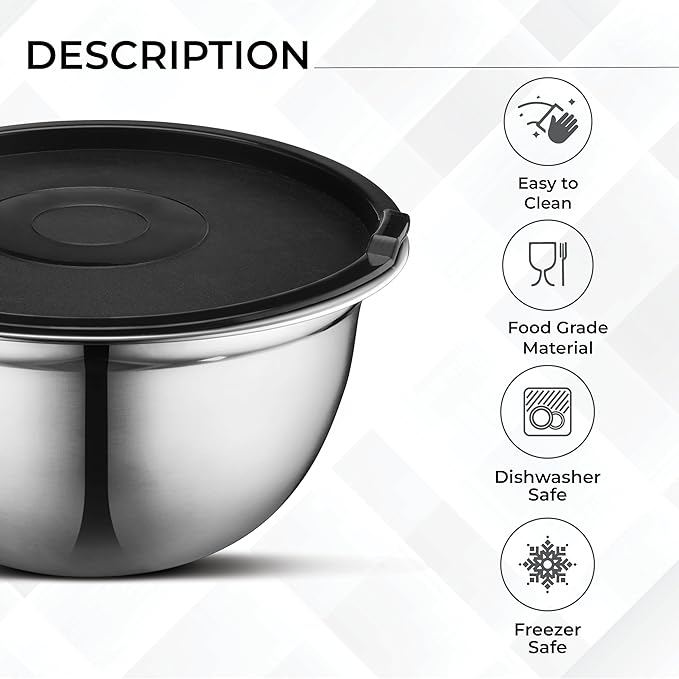 AVADOR Premium Brushed Stainless Steel Mixing Bowls Sets, Easy To Clean, Space Saving, Great for Cooking, Baking, Prepping Needs 0.25qt, 1qt, 1.5qt, 3qt, 5qt (8 pc with Lid and Grater)