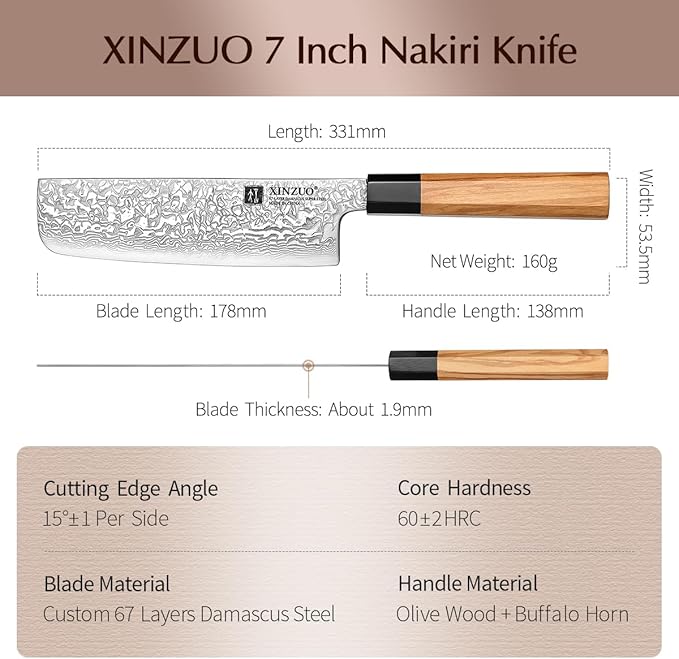 XINZUO 7 Inch Nakiri Knife, 67 Layers Damascus Steel, Professional Meat Cleaver Knife for Chefs Home Cooking,Ultra Sharp, Chopping Knife with Olive Wood Octagonal Handle