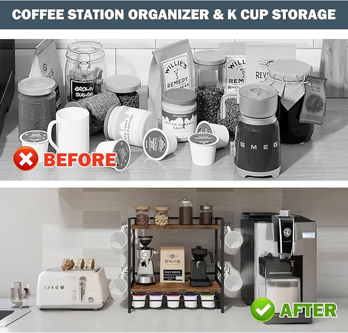 Coffee Bar Organizer,3 Tier K Cup Holder for Counter,Coffee Pod Drawer Holder with 12 Mug Hooks,K Cup Drawer Organizer for Syrup,Tea,Bean,Coffe Bar Accessories for Kitchen&Home Office