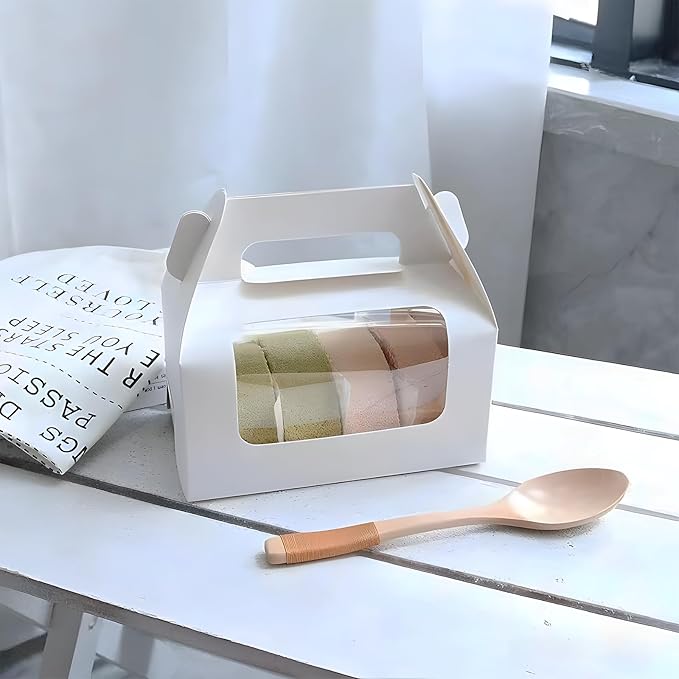 25 Pcs 10.5 Inch Window Roll Cake Gable Boxes Bulk with Handle & Cake Boards, Homemade & Bakery White Paper Favor Containers, Easy Carrying, Gift Boxes for Christmas Wedding