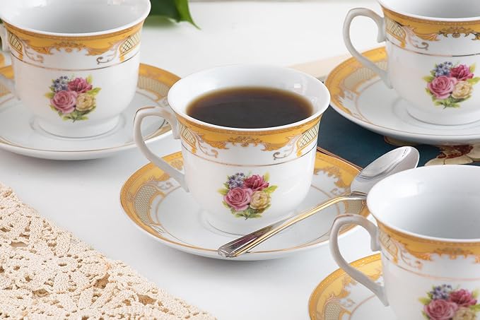 Vintage Rose Porcelain Tea Set - Gorgeous 8 Piece Dinnerware with 5.5 Inch Saucers, 6.5 oz Cups - For Tea Parties, Cappuccino, Every Day Dishes and Formal Occasions (Roses Gold 3008, 8 Piece)