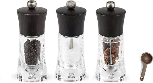Peugeot - Oleron Manual Mill Chili, Salt, & Pepper Mill - Transparent Adjustable Grinder - Acrylic and Beechwood, Chocolate, 5.5 Inches - With Wooden Spice Scoop Spoon