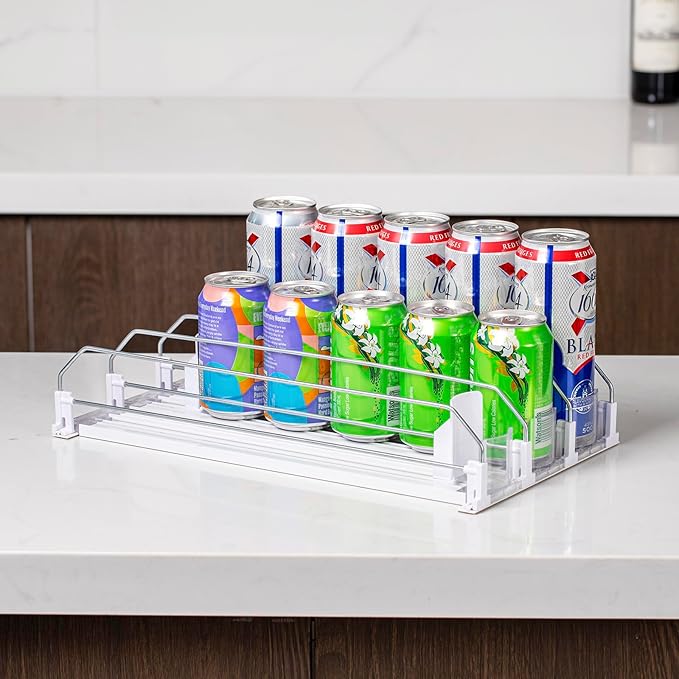 Rula Drink Organizer for Fridge, Width Adjustable Water Bottle Pusher Glide, Self-Pushing Soda Can Dispenser for Refrigerator - Holds up to 15 Cans (15"D, 3 Rows)