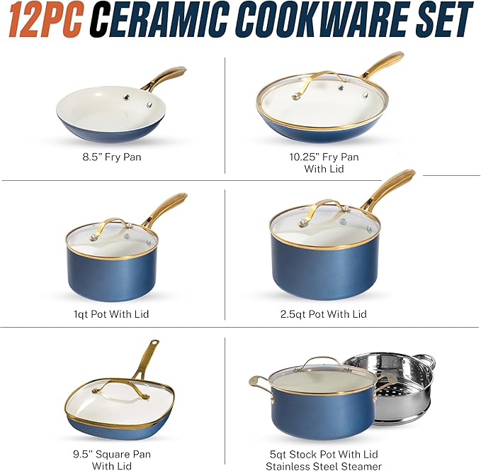 Gotham Steel 12 Pc Ceramic Cookware Set Nonstick, Ceramic Pots and Pans Set Non Stick with Steamer for Cooking, Non Toxic PFOA PFOS Free, Premium Stay Cool Handles, Oven & Dishwasher Safe