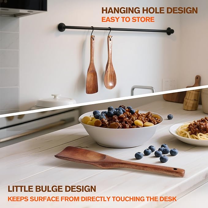 Wooden Spoons for Cooking, Wooden Utensils for Cooking Natural Teak Wooden Kitchen Utensils Set Comfort Grip(2 PCS)