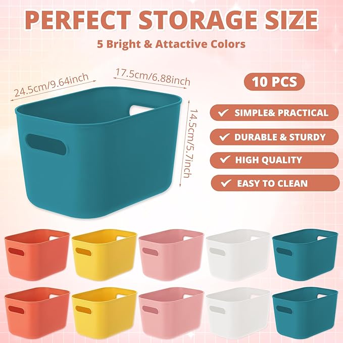 Tioncy 10 Pcs Plastic Storage Bins and Baskets 9.7" x 6.9" x 5.7" Multiple Color Small Containers Organizer for Home Bathroom Kitchen Multi-use Storage Boxes for Classroom, 5 Colors