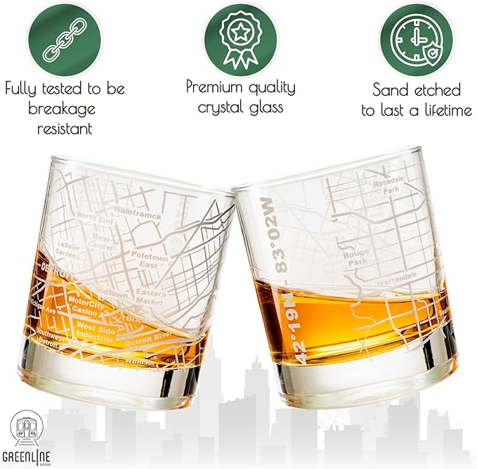 Greenline Goods Whiskey Glasses - 10 Oz Tumbler Set for Detroit, Michigan lovers, Etched with Detroit Map Old Fashioned Rocks Glass - Set of 2
