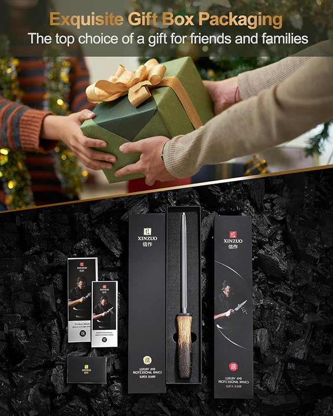 XINZUO 9.1 Inch Knife Sharpener Rod,High-Carbon Steel Hard Chrome Plating Honing Rod For Various Kitchen Knives Grinding, Pruning Shears With White Oak + Red G10 Gasket Handle