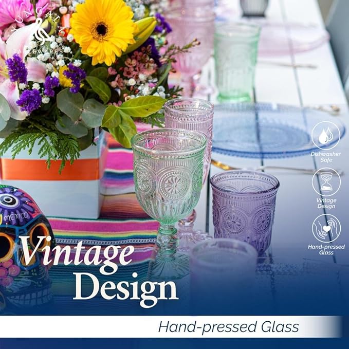 Yungala Colored Wine Glasses set of 6 colorful glass goblets made from Solid glass colors, colorful wine glasses are 100% dishwasher safe, multi colored wine goblets are hand crafted