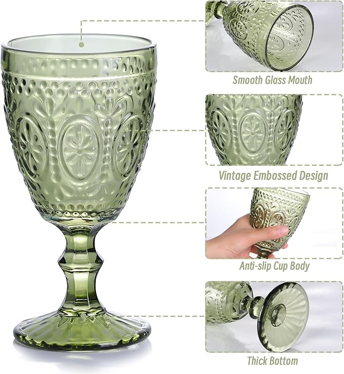 Green Wine Glasses set of 4, Green Goblets, Vintage Drinking Glassware, Colored Glassware Set for Party Home Wedding Baby Shower