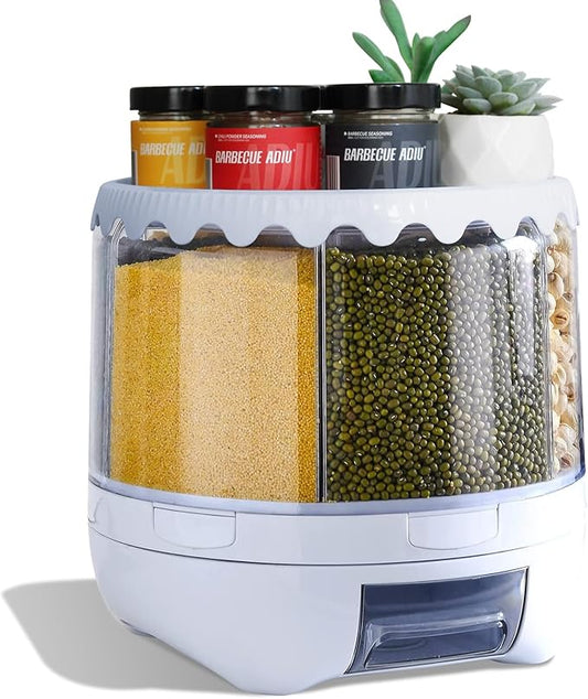 Grain Dispenser, 360° Rotating Storage Container, 6 Grid Food Dispenser with Storage Sealed Lid, Rice Dispenser for Kitchen Grains, Beans, Rice