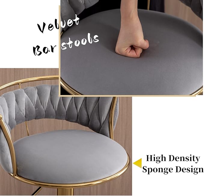 LukeAlon Modern Velvet Adjustable Barstools Set of 4, 360° Swivel Counter Stools with Golden Base Upholstered Open Back Tall Bar Chairs with Footrest for Home Pub Kitchen, Grey